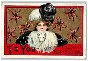 c1910's Merry Christmas Pretty Woman Feather Hat Poinsettia Flowers Postcard