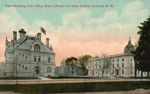 Vintage Postcard 1910's View Showing Post Office State Library & Capitol Concord