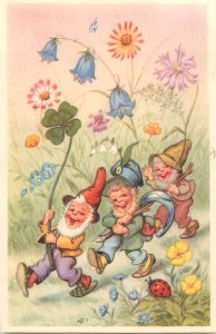 Luck dwarfs and ladybug caricature fantasy greetings postcard 1946 Belgium