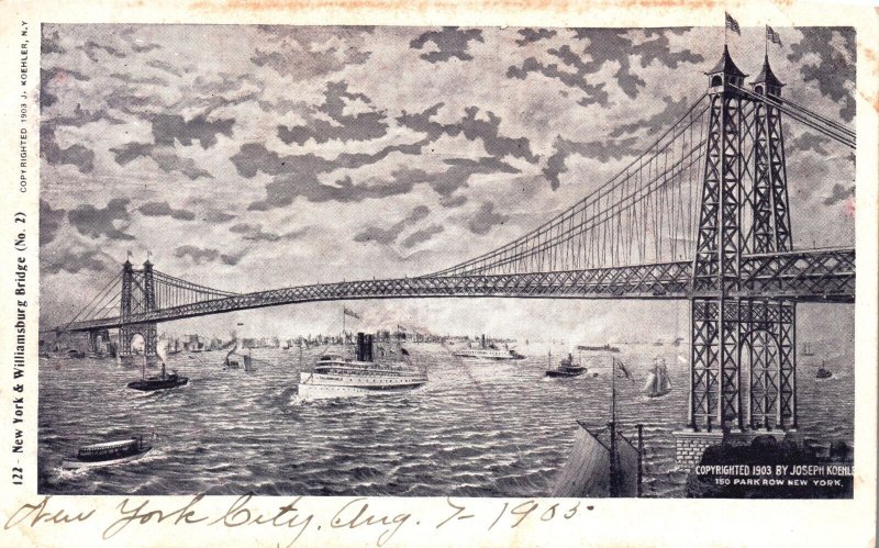 Vintage Postcard New York and Williamsburg Bridge Boats and Ships NY