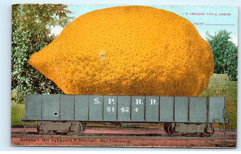 SPRR Railroad Car Sending You Giant Lemon Ed Mitchell Vintage 1910 Postcard B49