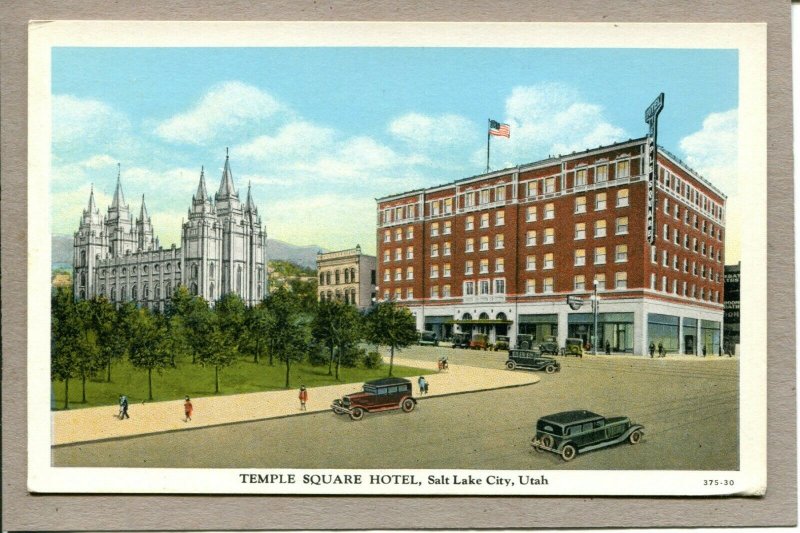 Postcard Ut Utah Salt Lake City Temple Square Hotel Street Scene Cars Park -364