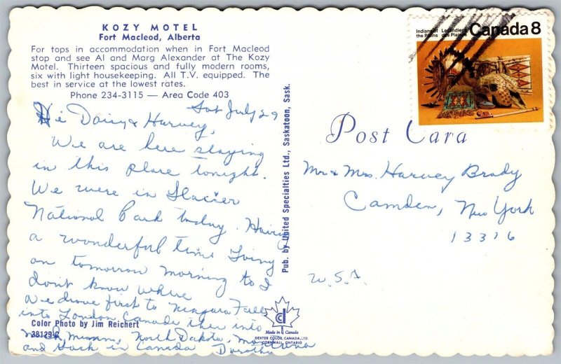 Vtg Kozy Motel Fort Mcleod Alberta Canada 1970s View Old Postcard