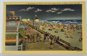 Ocean City MD Boardwalk and Beach From Coast Guard Station at Night Postcard S3