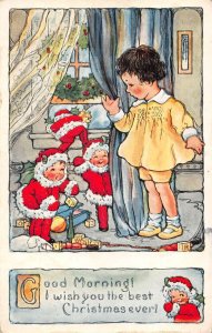 Christmas Greetings Girl with Little Gnomes Elves Whitney Postcard AA48333