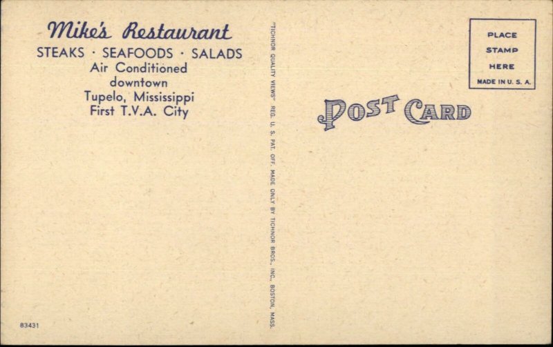 Tupelo MS Mike's Restaurant NICE LINEN Postcard