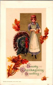 Vintage Winsch Schmucker Woman, Turkey & Autumn Leaves Thanksgiving Postcard