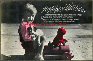Birthday Greeting, Tinted RPPC, Boy Holding a Puppy Sitting on a Toy Train