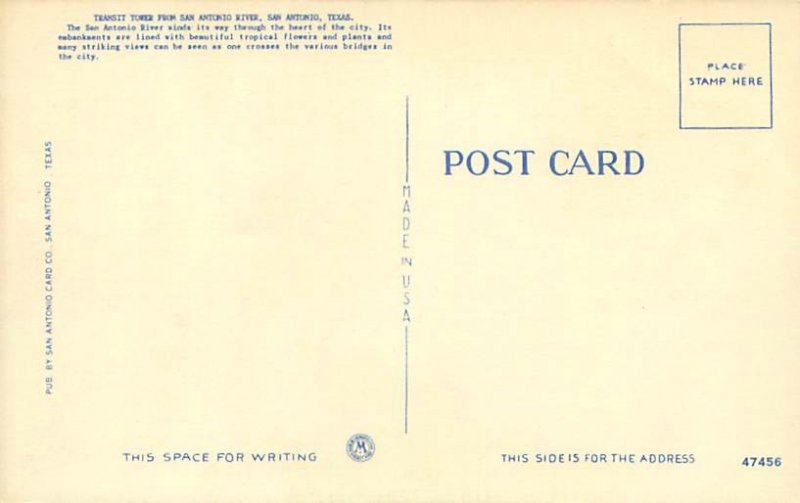 San Antonio Texas Transit Tower, Flag, Bridge  Linen Postcard