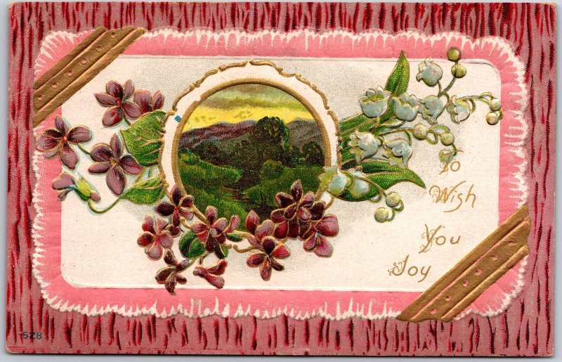 1910's To Wish You Joy Landscape Card with Flowers Posted Postcard