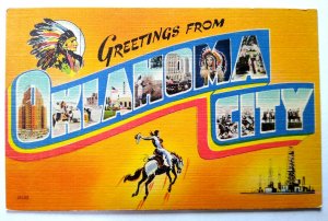 Greetings From Oklahoma City Large Letter Linen Postcard Colourpicture Unused