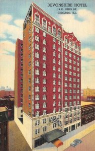 CHICAGO, IL Illinois  DEVONSHIRE HOTEL & Street View~Car c1950's Linen Postcard