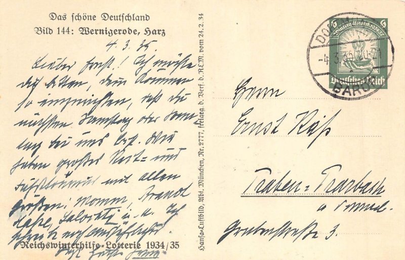 A066 Germany 1935 Wernigerode Castle Harz vintage postcard
