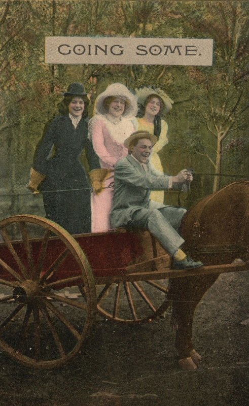 Vintage Postcard 1914 Going Some Three Beautiful Women and Man Riding Horse Cart