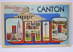 Greetings From Canton Ohio Large Big Letter Linen Postcard Curt Teich 1945 Flags