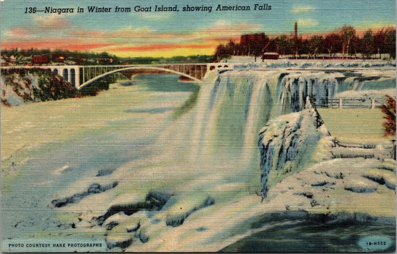Vtg 1940s Niagara Falls in Winter From Goat Island American Falls NY Postcard