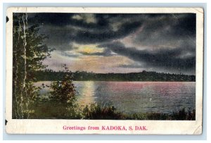 1928 Moonlight Scene on River, Greetings from Kadoka SD RPO Postcard