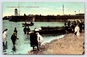 The Beach and Pier Littlehampton England Old Fashioned Swimming Garb Postcard P4