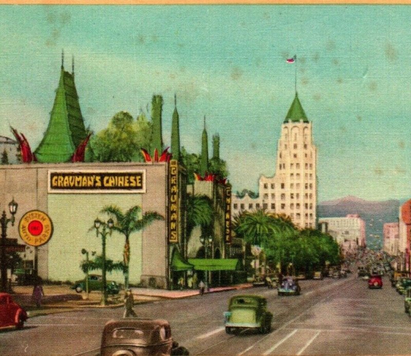 Vtg Lino Cartolina Hollywood California Hollywood Boulevard Auto Grauman's Unp