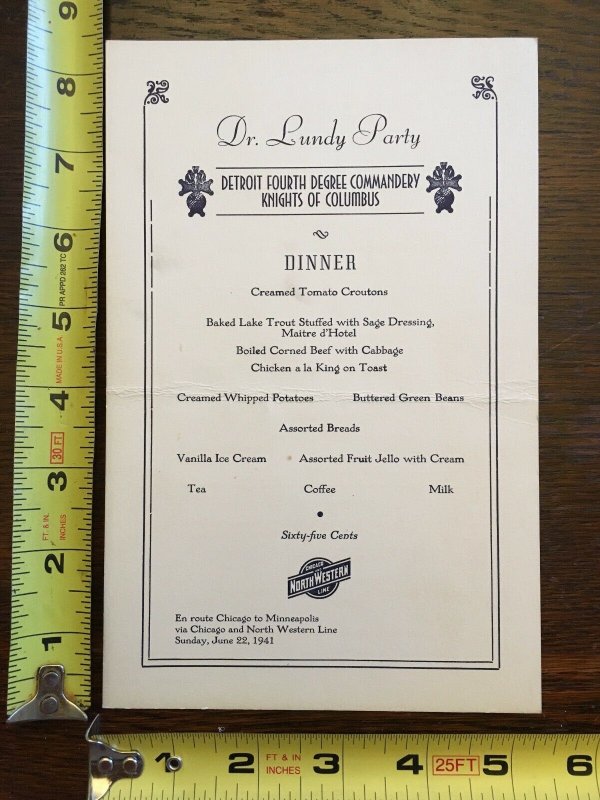Dr. Lundy Party Dinner Menu 1941 Detroit Knights of Columbus