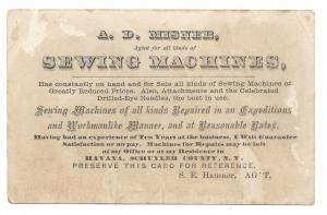 Domestic Sewing Machine Victorian Trade Card AD Misner Agent Havana Schuyler NY