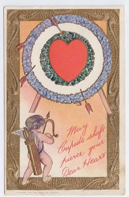 Valentine Postcard Cupid Bow Arrow Target Embossed Gold Vintage 1907 The Rose Co