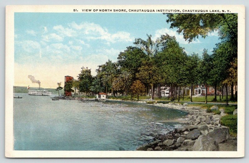 Chautauqua Lake New York~Chautauqua Institution~North Shore View~Ship~1920s
