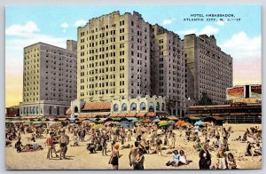 Hotel Ambassador Atlantic City New Jersey Crowd At The Beach Buildings Postcard