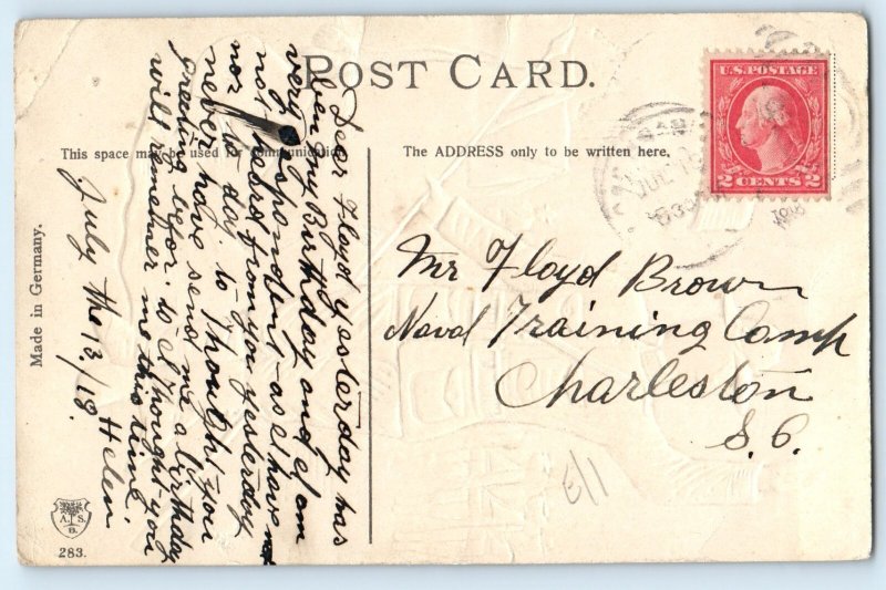 c1910's Army Soldier With Flag Embossed WWI Charleston SC Antique Postcard
