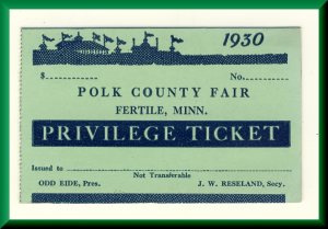 Fertile, Minnesota/MN, 1930 Polk County Fair Privilege Ticket