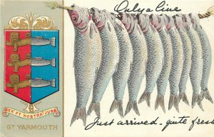 c1910 Fishing Postcard Only a Line, Silver Fish Gt. Yarmouth UK Shield Lion-fish