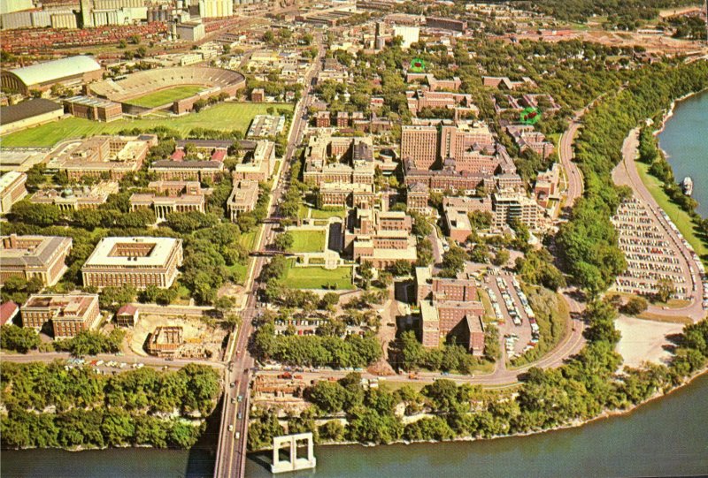 Aerial View, Univ. of Minnesota,  and the Mississippi River, Minneapolis,  MN PC