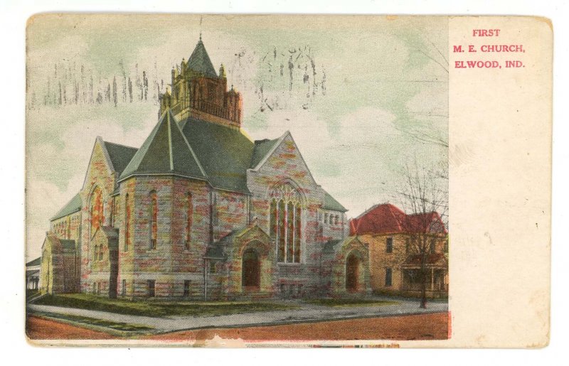 IN - Elwood. First M.E. Church    (excess postal ink)