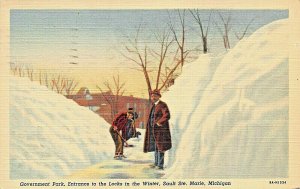 SAULT STE MARIE MI~GOVERNMENT PARK-ENTRANCE TO LOCKS-WINTER DEEP SNOW POSTCARD