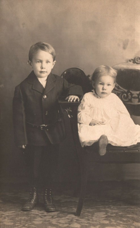 Vintage Postcard Photo Of Two Children Big Brother And His Little Sister