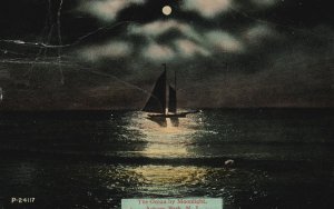 Vintage Postcard 1917 The Ocean By Moonlight Sailboat Asbury Park New Jersey NJ