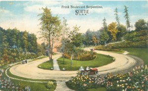 Seattle WA Frink Boulevard Serpentine Litho Postcard Used, Car, Flowers