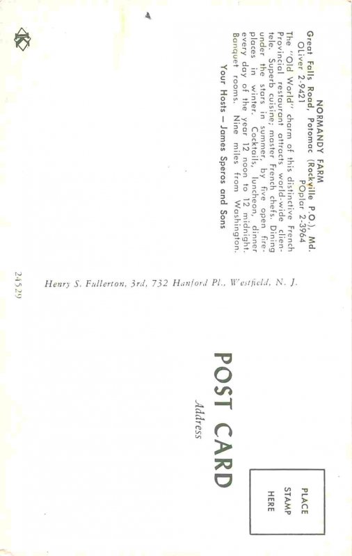 Normandy Farm Restaurant Interior Potomac Maryland postcard