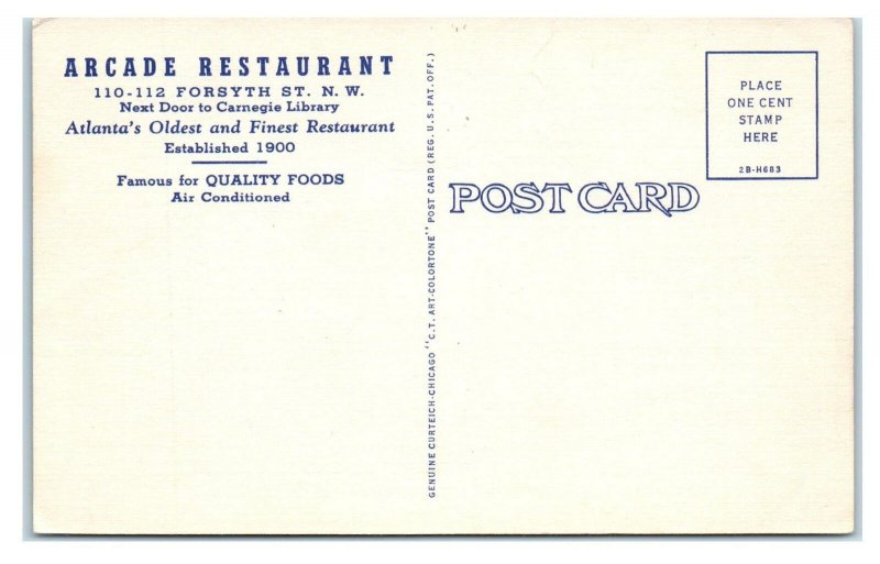 ATLANTA, Georgia GA ~ Roadside ARCADE RESTAURANT c1940s Linen Postcard