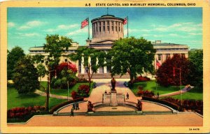 State Capitol and McKinley Monument Columbus Ohio OH UNP Linen Postcard B8
