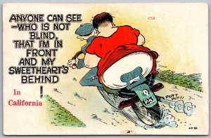 Long Beach California 1935 Postcard Motorcycle I'm In Front Sweetheart's Behind