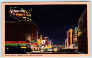 RENO, NV Nevada ~ Night Neon CASINOS on VIRGINIA STREET c1940s Cars Postcard