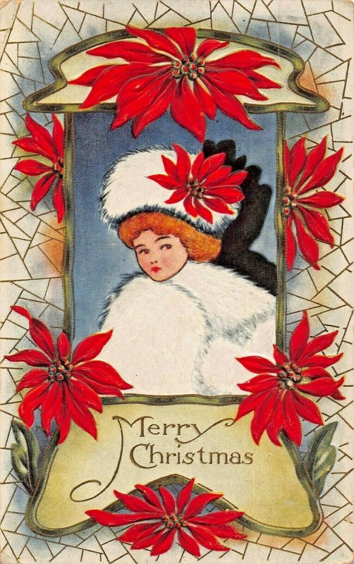 GIRL IN WHITE FUR COAT & HAT SURROUNDED BY POINSETTIAS~MERRY CHRISTMAS POSTCARD