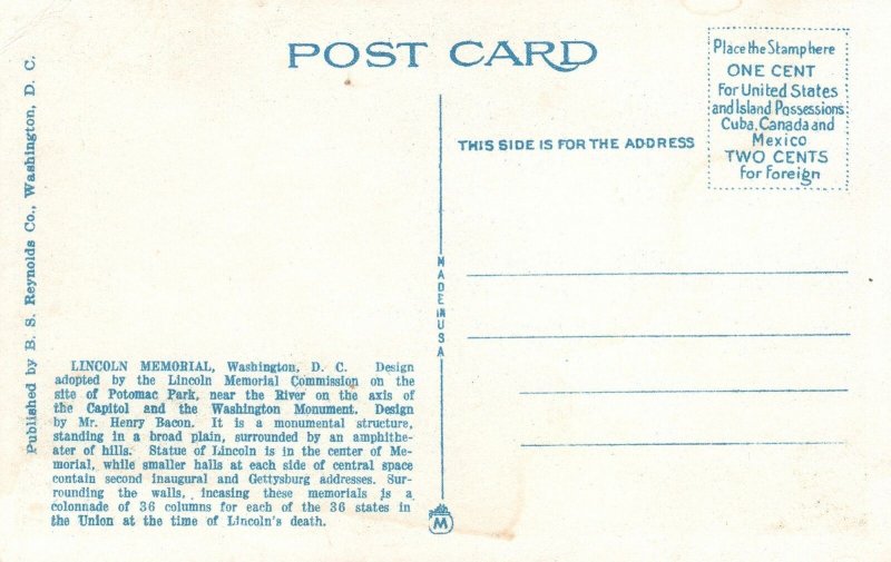 Vintage Postcard 1920's View Lincoln Memorial Building By Night Washington D.C.