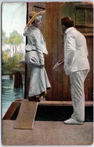 VINTAGE POSTCARD MAN COURTING WOMAN WITH LARGE HAT c. 1910 EUROPE PART II