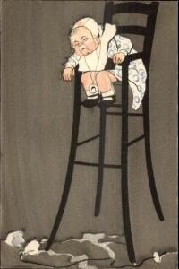 ART DECO - Crying Baby in High Chair Drops Milk Bottle c1910 Postcard