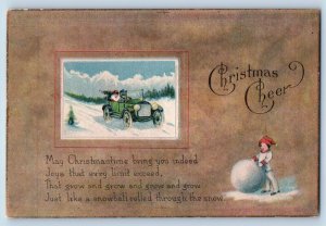 Christmas Postcard Car Winter Scene Boy With Big Snowball Kaw Oklahoma OK c1910s