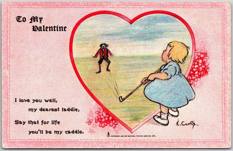 To My Valentine Girl Golfer, Golfing Caddy Caddie Heart, Couple Vintage Postcard