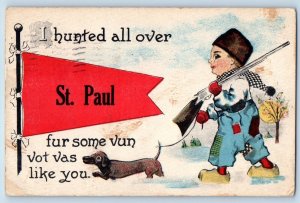 St. Paul Minnesota MN Postcard Dutch Boy And Dachshund Dog Hunting Pennant 1913