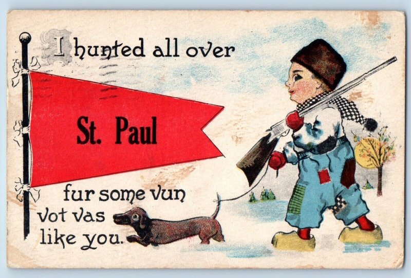 St. Paul Minnesota MN Postcard Dutch Boy And Dachshund Dog Hunting Pennant 1913